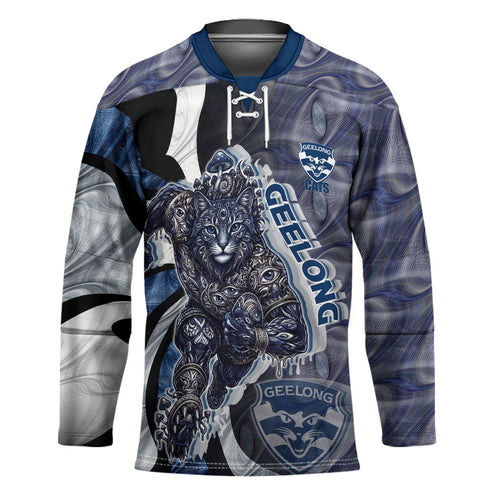 Personalised Geelong Cats Hockey Jersey Trippy Psychedelic Abstract Art Mascot Football Fans