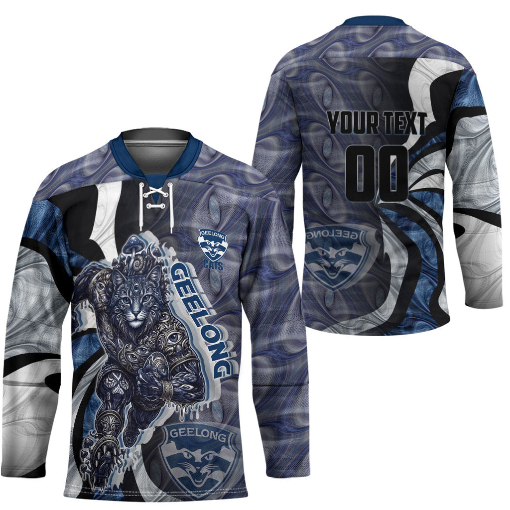 Personalised Geelong Cats Hockey Jersey Trippy Psychedelic Abstract Art Mascot Football Fans