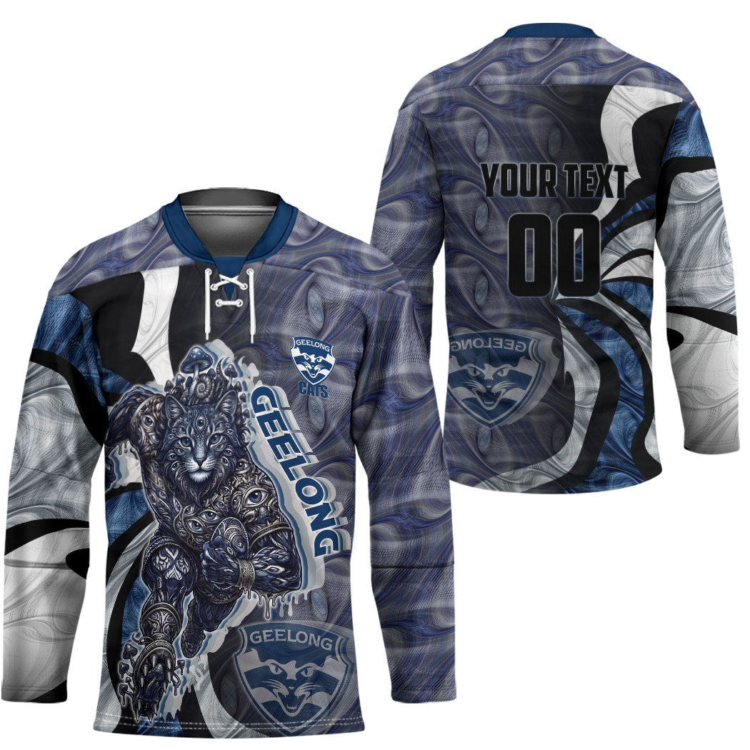 Personalised Geelong Cats Hockey Jersey Trippy Psychedelic Abstract Art Mascot Football Fans