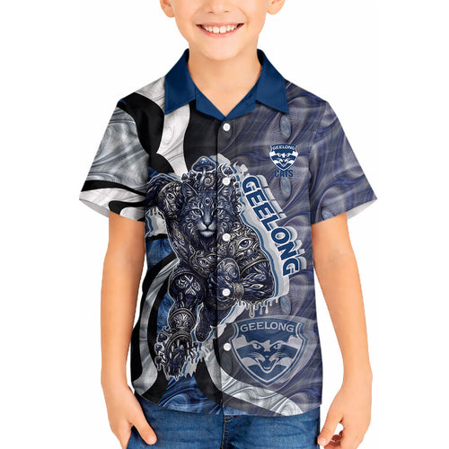 Personalised Geelong Cats Kid Hawaiian Shirt Trippy Psychedelic Abstract Art Mascot Football Fans