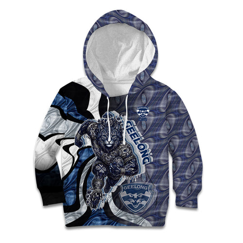 Personalised Geelong Cats Kid Hoodie Trippy Psychedelic Abstract Art Mascot Football Fans