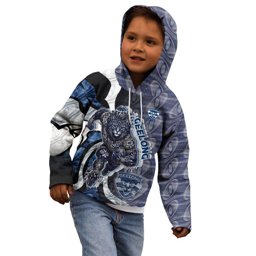 Personalised Geelong Cats Kid Hoodie Trippy Psychedelic Abstract Art Mascot Football Fans