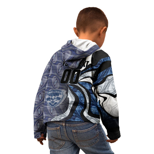 Personalised Geelong Cats Kid Hoodie Trippy Psychedelic Abstract Art Mascot Football Fans