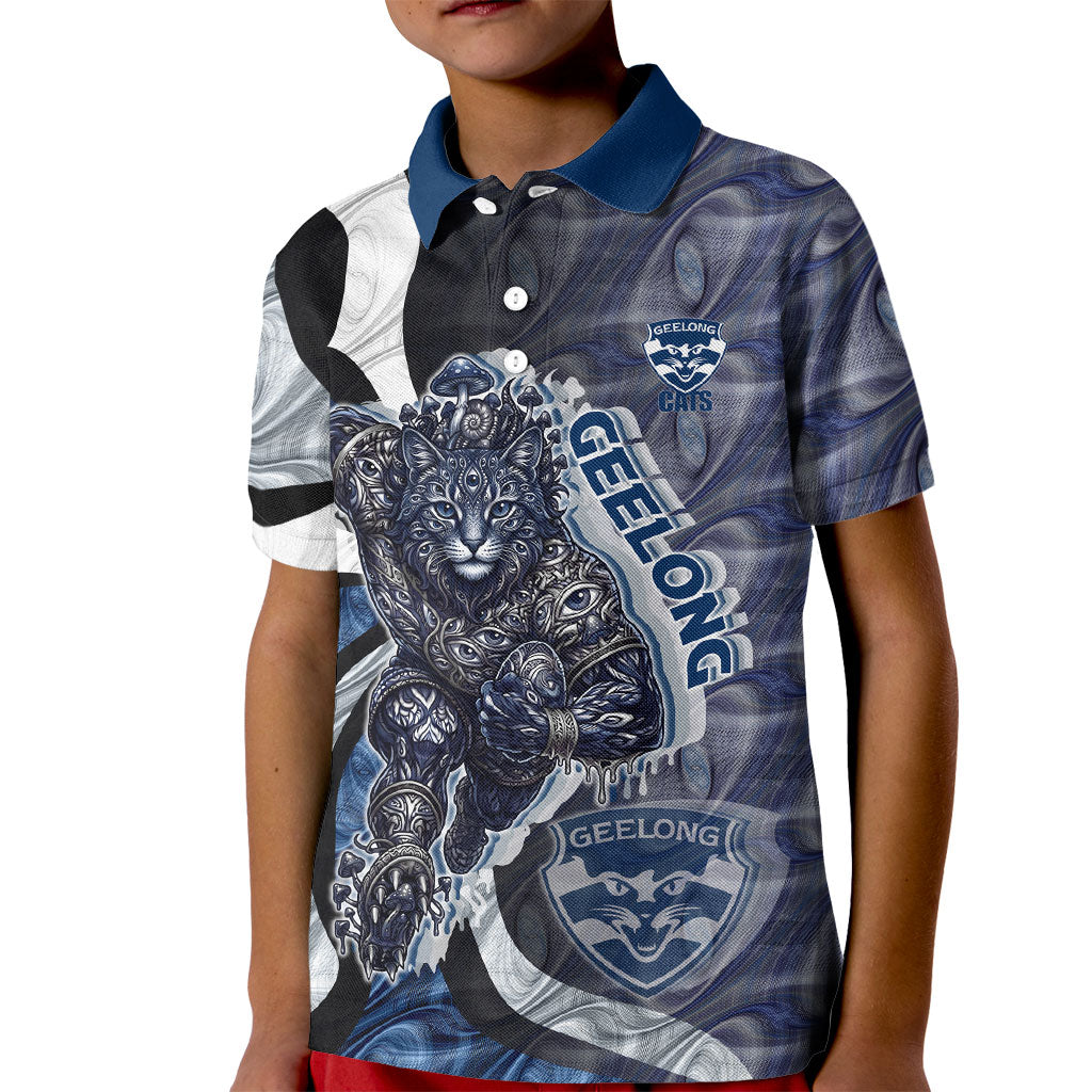 Personalised Geelong Cats Kid Polo Shirt Trippy Psychedelic Abstract Art Mascot Football Fans