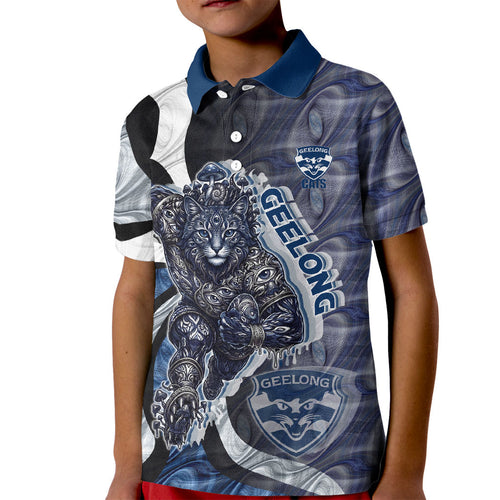Personalised Geelong Cats Kid Polo Shirt Trippy Psychedelic Abstract Art Mascot Football Fans
