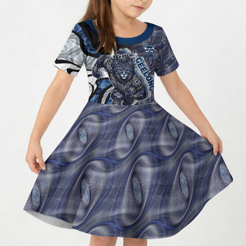 Personalised Geelong Cats Kid Short Sleeve Dress Trippy Psychedelic Abstract Art Mascot Football Fans