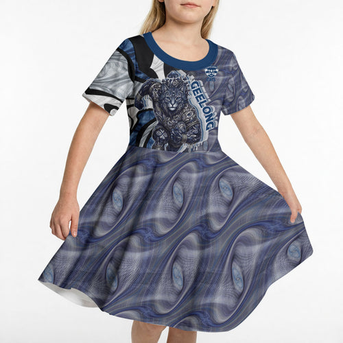 Personalised Geelong Cats Kid Short Sleeve Dress Trippy Psychedelic Abstract Art Mascot Football Fans