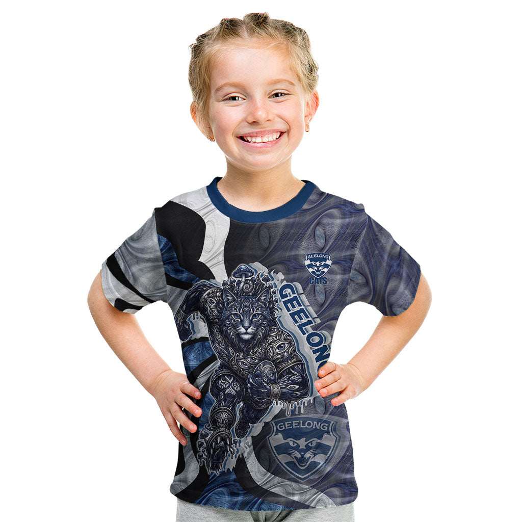 Personalised Geelong Cats Kid T Shirt Trippy Psychedelic Abstract Art Mascot Football Fans