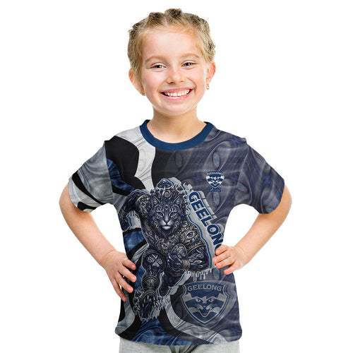 Personalised Geelong Cats Kid T Shirt Trippy Psychedelic Abstract Art Mascot Football Fans