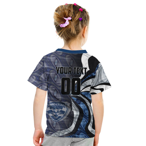Personalised Geelong Cats Kid T Shirt Trippy Psychedelic Abstract Art Mascot Football Fans