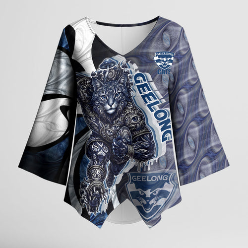 Personalised Geelong Cats Kimono Sleeve Blouse Trippy Psychedelic Abstract Art Mascot Football Fans