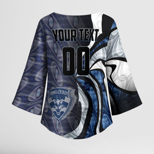 Personalised Geelong Cats Kimono Sleeve Blouse Trippy Psychedelic Abstract Art Mascot Football Fans