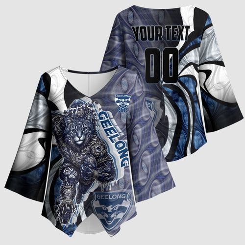 Personalised Geelong Cats Kimono Sleeve Blouse Trippy Psychedelic Abstract Art Mascot Football Fans