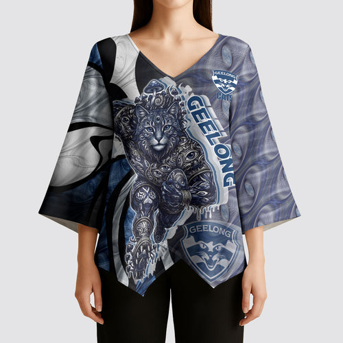 Personalised Geelong Cats Kimono Sleeve Blouse Trippy Psychedelic Abstract Art Mascot Football Fans