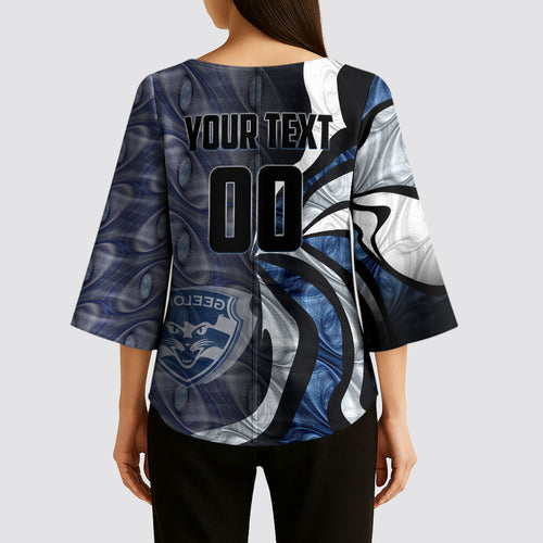 Personalised Geelong Cats Kimono Sleeve Blouse Trippy Psychedelic Abstract Art Mascot Football Fans