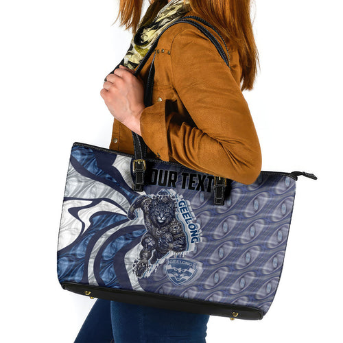 Personalised Geelong Cats Leather Tote Bag Trippy Psychedelic Abstract Art Mascot Football Fans