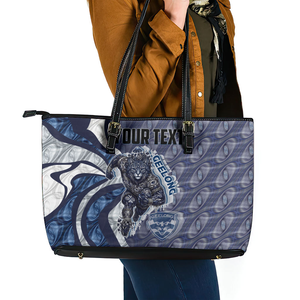 Personalised Geelong Cats Leather Tote Bag Trippy Psychedelic Abstract Art Mascot Football Fans