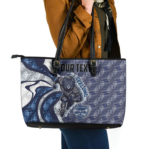 Personalised Geelong Cats Leather Tote Bag Trippy Psychedelic Abstract Art Mascot Football Fans