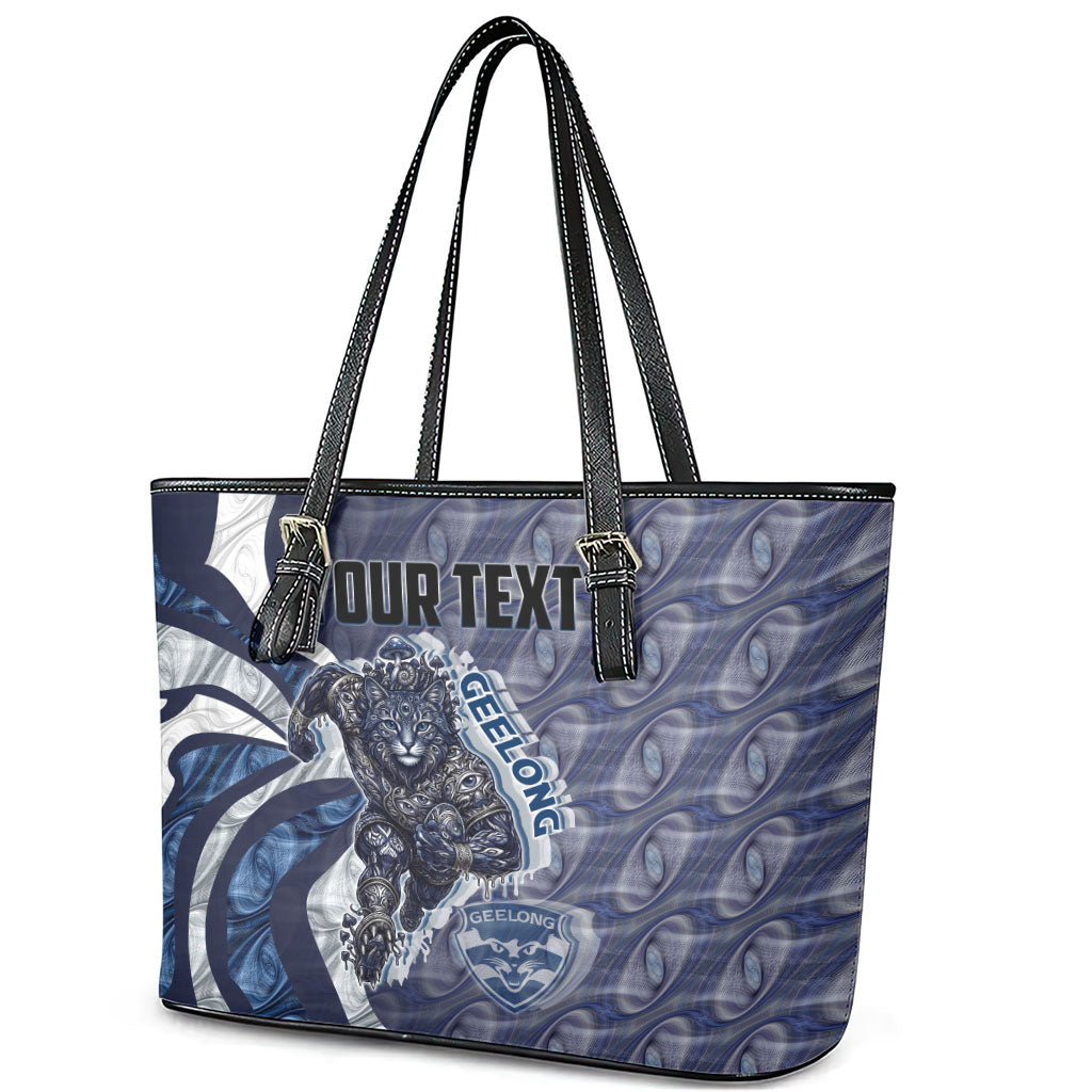 Personalised Geelong Cats Leather Tote Bag Trippy Psychedelic Abstract Art Mascot Football Fans