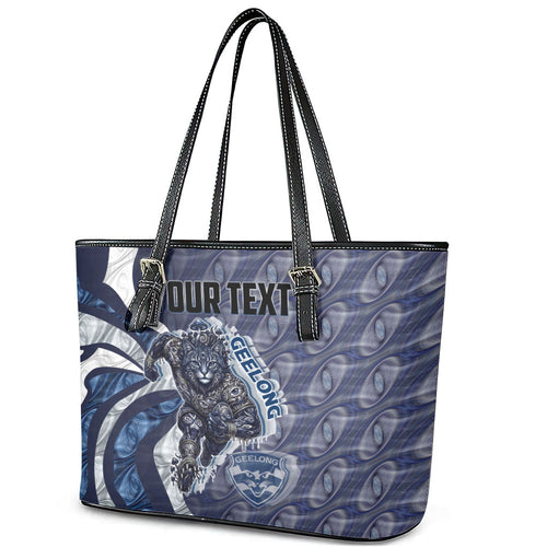 Personalised Geelong Cats Leather Tote Bag Trippy Psychedelic Abstract Art Mascot Football Fans