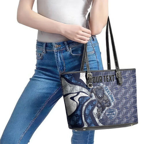 Personalised Geelong Cats Leather Tote Bag Trippy Psychedelic Abstract Art Mascot Football Fans
