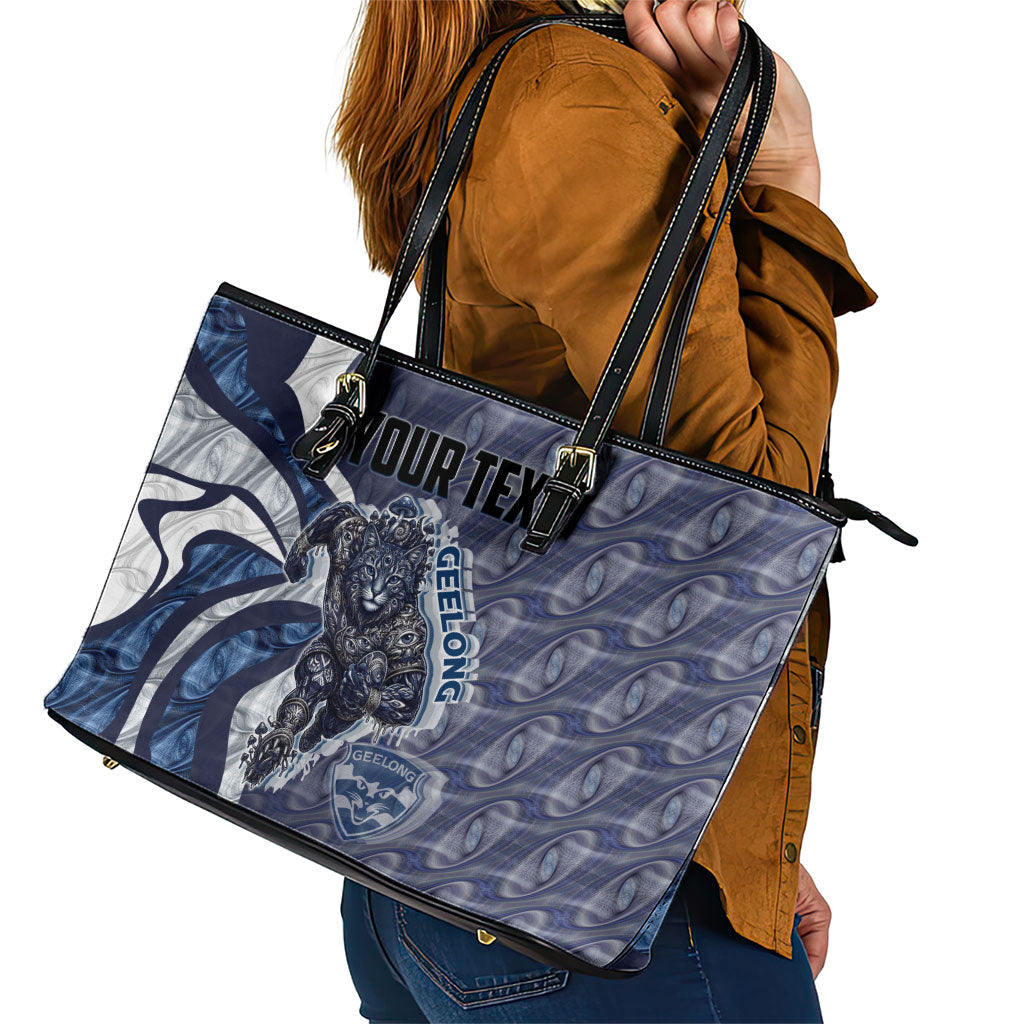 Personalised Geelong Cats Leather Tote Bag Trippy Psychedelic Abstract Art Mascot Football Fans