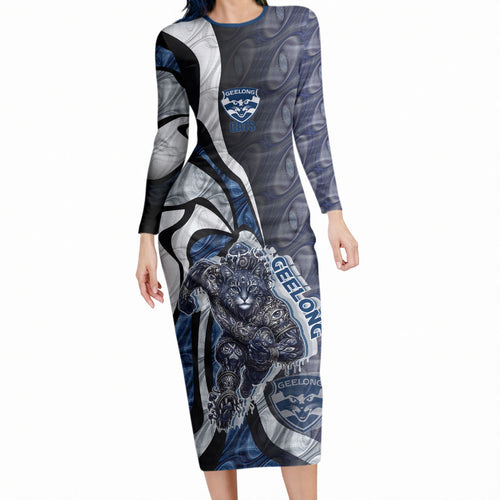 Personalised Geelong Cats Long Sleeve Bodycon Dress Trippy Psychedelic Abstract Art Mascot Football Fans