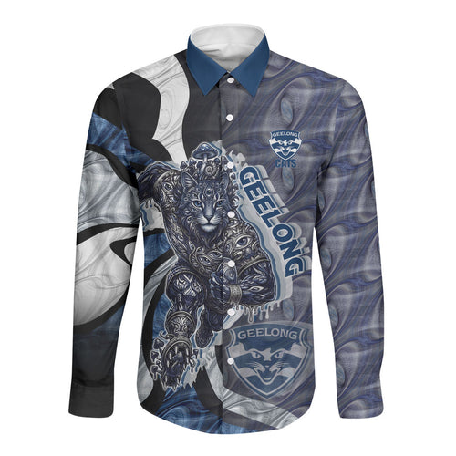 Personalised Geelong Cats Long Sleeve Button Shirt Trippy Psychedelic Abstract Art Mascot Football Fans