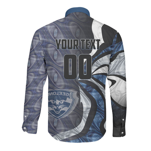 Personalised Geelong Cats Long Sleeve Button Shirt Trippy Psychedelic Abstract Art Mascot Football Fans