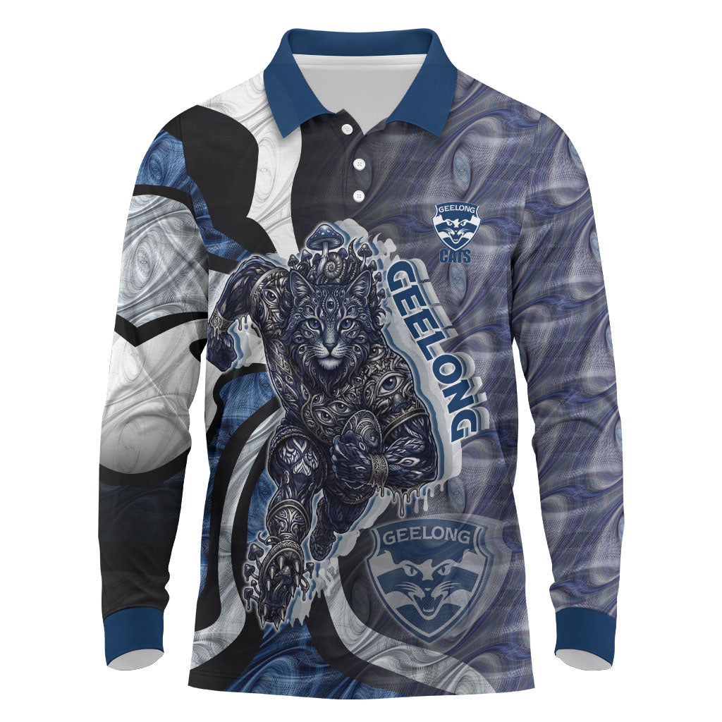 Personalised Geelong Cats Long Sleeve Polo Shirt Trippy Psychedelic Abstract Art Mascot Football Fans