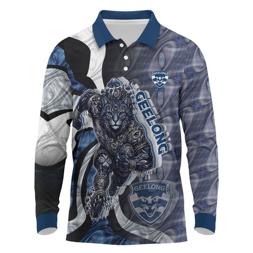 Personalised Geelong Cats Long Sleeve Polo Shirt Trippy Psychedelic Abstract Art Mascot Football Fans