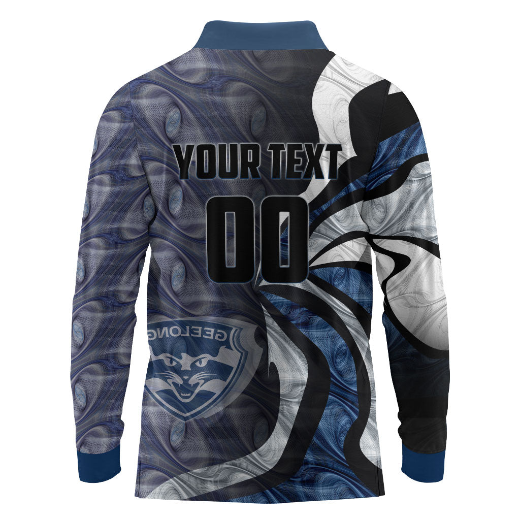 Personalised Geelong Cats Long Sleeve Polo Shirt Trippy Psychedelic Abstract Art Mascot Football Fans