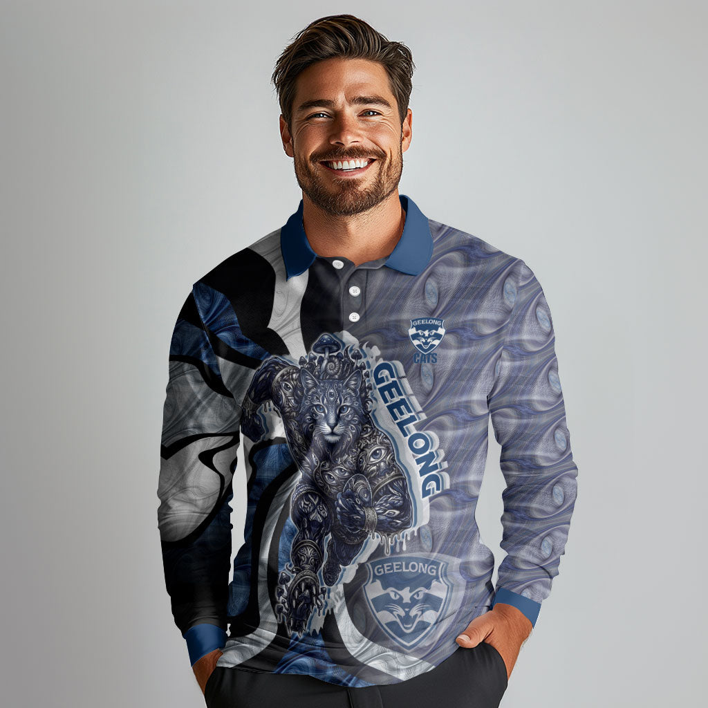 Personalised Geelong Cats Long Sleeve Polo Shirt Trippy Psychedelic Abstract Art Mascot Football Fans