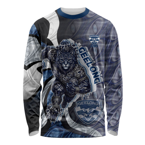 Personalised Geelong Cats Long Sleeve Shirt Trippy Psychedelic Abstract Art Mascot Football Fans