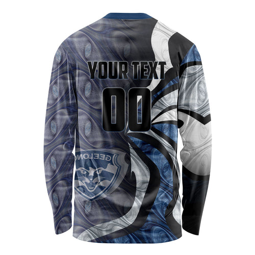 Personalised Geelong Cats Long Sleeve Shirt Trippy Psychedelic Abstract Art Mascot Football Fans