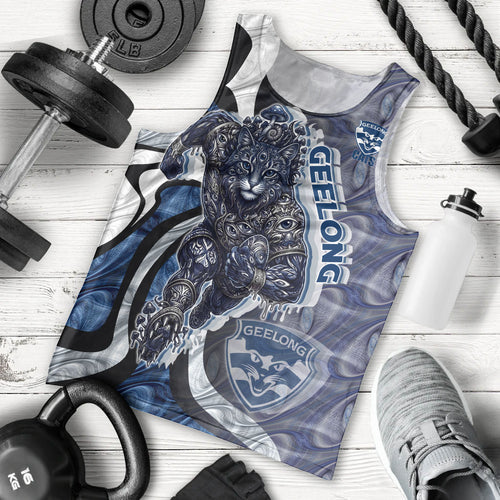 Personalised Geelong Cats Men Tank Top Trippy Psychedelic Abstract Art Mascot Football Fans