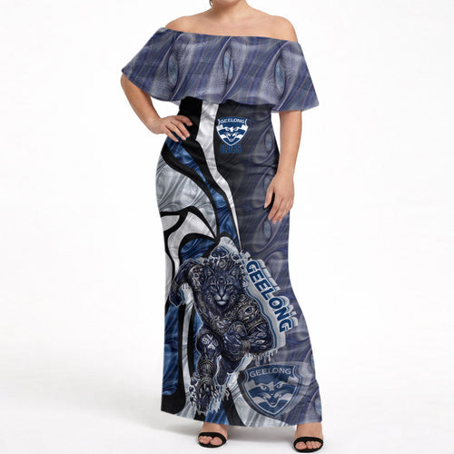 Personalised Geelong Cats Off Shoulder Maxi Dress Trippy Psychedelic Abstract Art Mascot Football Fans