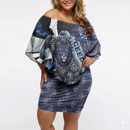 Personalised Geelong Cats Off Shoulder Short Dress Trippy Psychedelic Abstract Art Mascot Football Fans