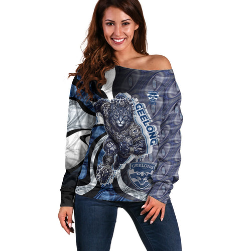 Personalised Geelong Cats Off Shoulder Sweater Trippy Psychedelic Abstract Art Mascot Football Fans