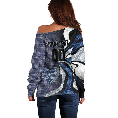 Personalised Geelong Cats Off Shoulder Sweater Trippy Psychedelic Abstract Art Mascot Football Fans