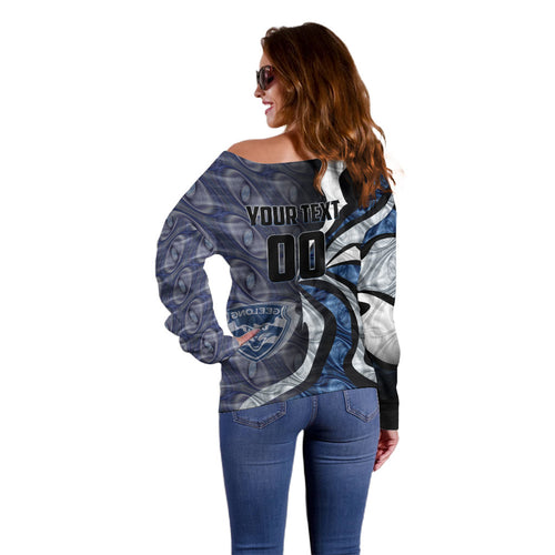 Personalised Geelong Cats Off Shoulder Sweater Trippy Psychedelic Abstract Art Mascot Football Fans