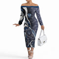 Personalised Geelong Cats Off The Shoulder Long Sleeve Dress Trippy Psychedelic Abstract Art Mascot Football Fans