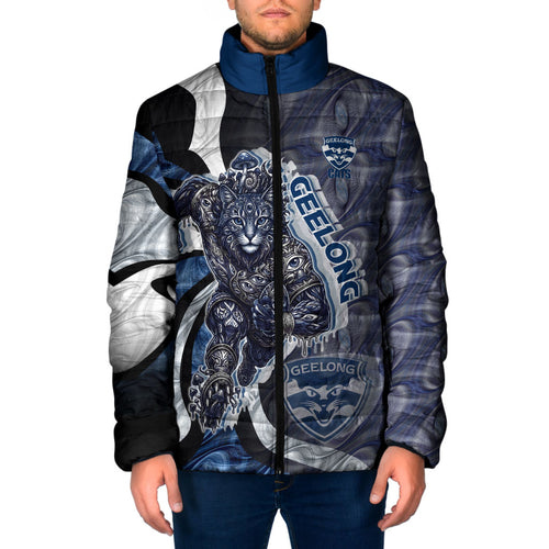 Personalised Geelong Cats Padded Jacket Trippy Psychedelic Abstract Art Mascot Football Fans