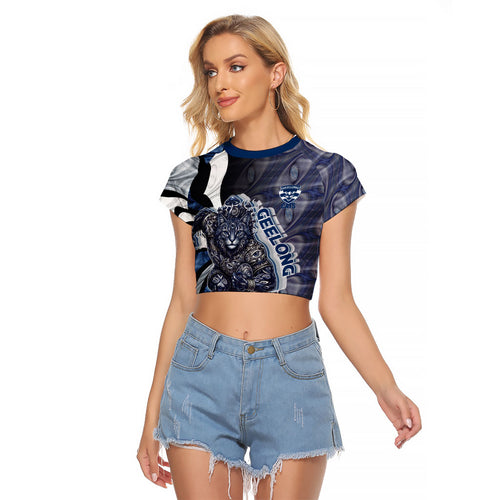 Personalised Geelong Cats Raglan Cropped T Shirt Trippy Psychedelic Abstract Art Mascot Football Fans