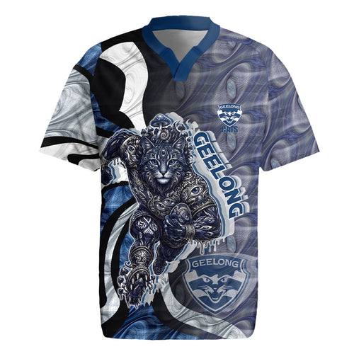 Personalised Geelong Cats Rugby Jersey Trippy Psychedelic Abstract Art Mascot Football Fans