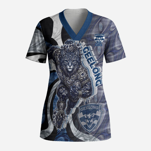 Personalised Geelong Cats Scrub Top Trippy Psychedelic Abstract Art Mascot Football Fans