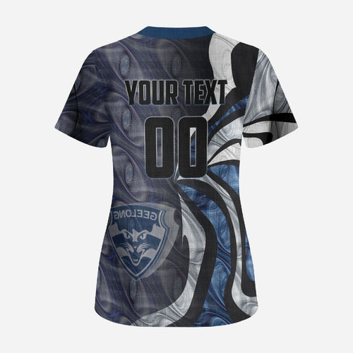 Personalised Geelong Cats Scrub Top Trippy Psychedelic Abstract Art Mascot Football Fans