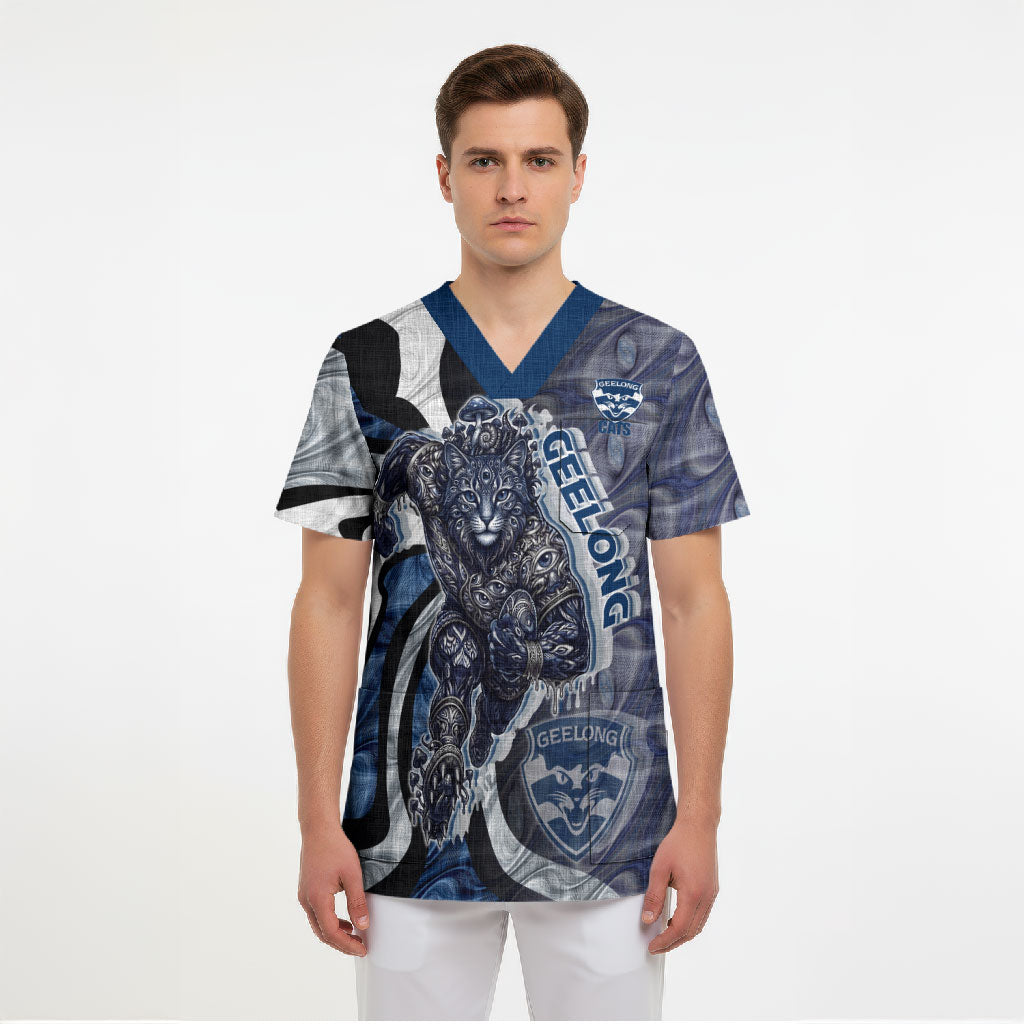 Personalised Geelong Cats Scrub Top Trippy Psychedelic Abstract Art Mascot Football Fans