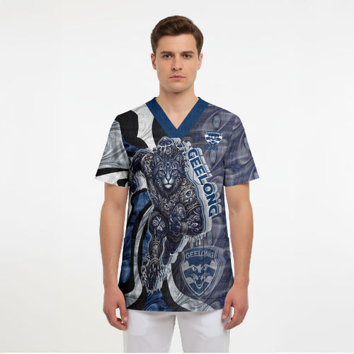 Personalised Geelong Cats Scrub Top Trippy Psychedelic Abstract Art Mascot Football Fans