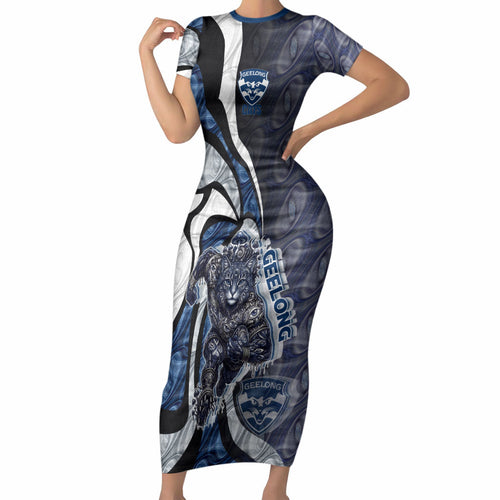 Personalised Geelong Cats Short Sleeve Bodycon Dress Trippy Psychedelic Abstract Art Mascot Football Fans